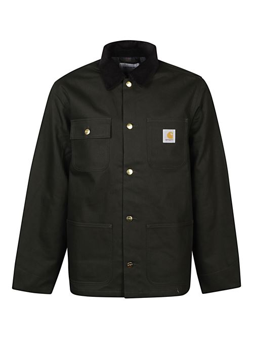 Giacca nera di CARHARTT WIP caratterizzata da abbottonatura frontale, logo sul petto, tasche frontali e colletto a camicia in velluto a coste. CARHARTT WIP | I0152613CM01